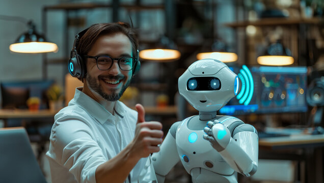 A smiling customer service worker, wearing headphones is giving the thumbs up while standing next to an adorable robot with blue and white color, green sound waves across his face, he is holding green