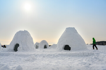 View of the many igloo, the traditional shelter of the northern peoples from the cold, made of snow