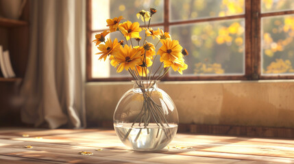 Cozy room setting featuring yellow blooms in a transparent glass vase, infusing the space with a sense of warmth and comfort.