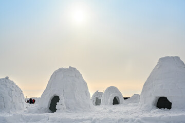 View of the many igloo, the traditional shelter of the northern peoples from the cold, made of snow