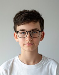 Fototapeta premium ID Photo for Passport : European teenager boy with straight short black hair and blue eyes, with glasses and wearing a white t-shirt