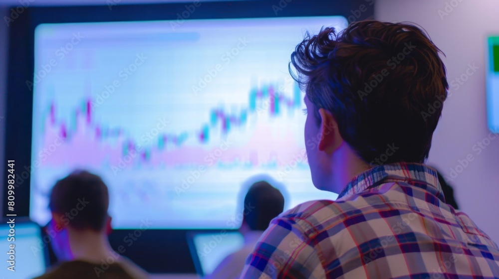 Poster a man in a checkered shirt observes fluctuating stock market graphs on a digital monitor in a dark r