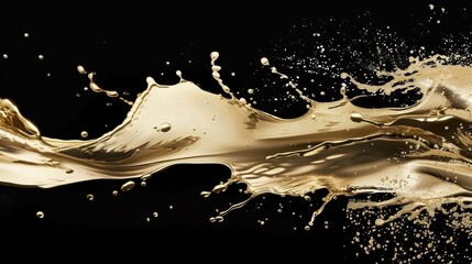 Liquid golden water splash on dark black background