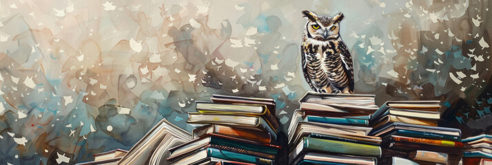 An owl perched on top of a stack of books, looking around with its wise eyes
