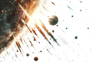 A cosmic meteor shower on a white background, with planets and galaxies in the distance.