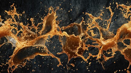 Liquid golden water splash on dark black background