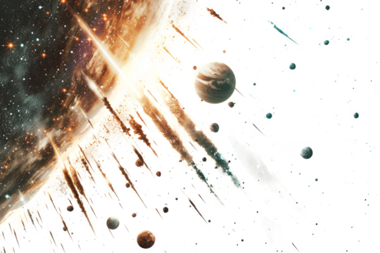 A cosmic meteor shower on a white background, with planets and galaxies in the distance.