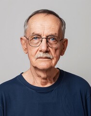 Obraz premium ID Photo for Passport : European elderly person man with straight short black hair and blue eyes, thin mustache, with glasses and wearing a navy t-shirt