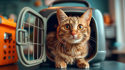 Patient kitty: cat ready for examination in veterinary clinic carrier