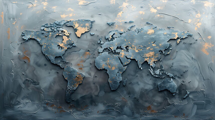 Fototapeta premium Grey metallic world map perfect for business websites, representing global connectivity and professionalism. Ideal backdrop for corporate presentations and digital platforms