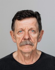 Obraz premium ID Photo for Passport : European elderly person man with straight short black hair and blue eyes, thick mustache, without glasses and wearing a black t-shirt