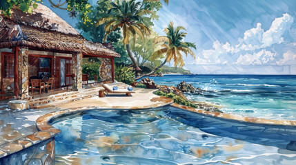 Fototapeta premium A painting of a house situated on the ocean shore with waves crashing against the rocks and seagulls flying overhead