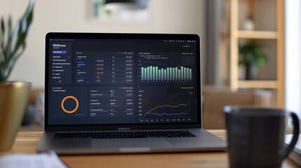 Fototapeta premium A laptop screen shows various financial charts and data analysis in an office setting.
