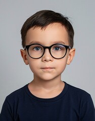 Fototapeta premium ID Photo for Passport : European child boy with straight short black hair and blue eyes, with glasses and wearing a navy t-shirt