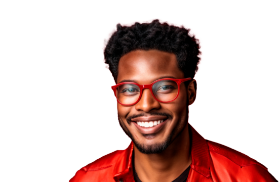 A man with a red glasses wearing a red shirt