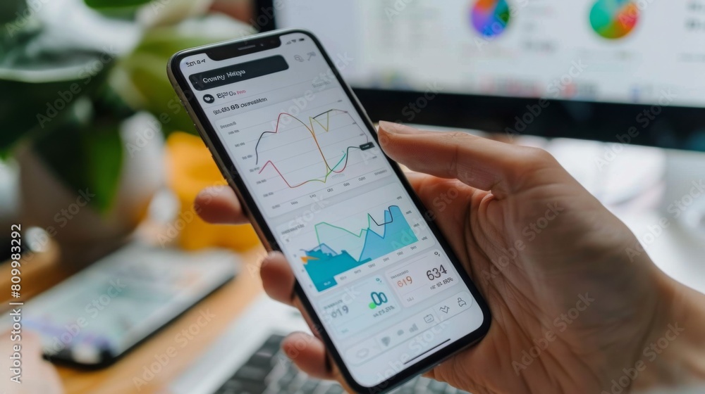 Poster Close-up of a hand holding a smartphone displaying financial charts and statistics against a blurred background.