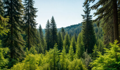 Fototapeta premium A dense forest of tall trees, some with green needles and some with brown needles.