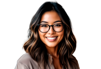 A woman with glasses and a beige shirt is smiling at the camera.