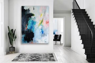A large abstract painting in the hallway of an apartment, black and white colors with accents of blue-green pink, minimalist interior design style, Scandinavian furniture, hanging on wall above stairs