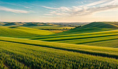 Obraz premium A green field is shown, with rolling hills and a blue sky.