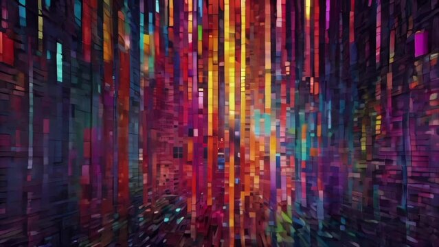 dynamic and abstract digital rain with a cascade of vibrant, multicolored lines against a dark backdrop, evoking a sense of cybernetic motion.