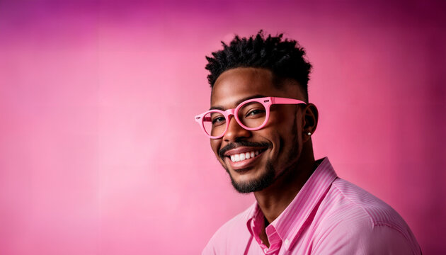 A man with a beard wearing pink glasses and a pink shirt smiles at the camera.