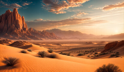 Fototapeta premium A vast desert landscape with sand dunes, rocky mountains, and a blue sky with clouds.