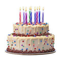 birthday cake with candles isolated on transparent background cutout