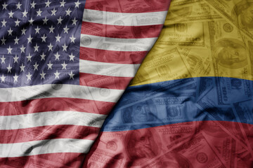 big waving colorful flag of united states of america and national flag of colombia on the dollar money background. finance concept.