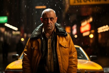 Portrait of a serious man in a yellow coat with snowflakes on a city street at night