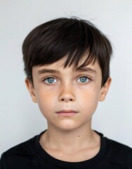 ID Photo for Passport : European child boy with straight short black hair and blue eyes, without glasses and wearing a black t-shirt