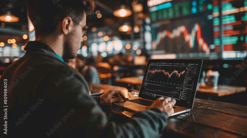 Poster a focused individual examines detailed stock market data on a computer screen in an evening trading 