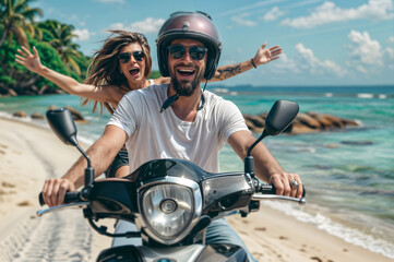 Happy couple riding a scooter on vacation, having fun and celebrating while driving through a tropical island with palm trees in the background