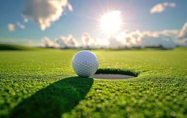 Golf ball on green fairway near hole under sunny sky.