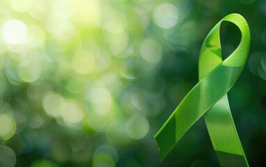 Green ribbon on a soft green background, symbol of awareness.