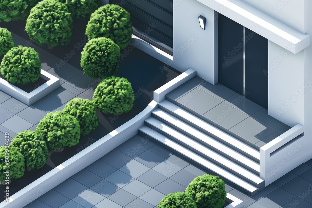 Poster a view of a building with trees in front of it. suitable for architectural and urban design concepts
