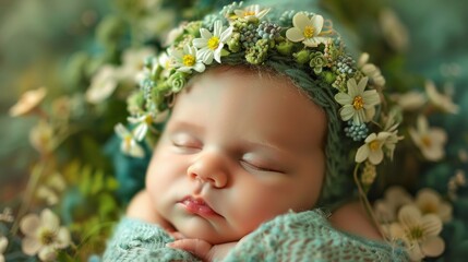 Peaceful sleeping newborn baby adorned with a delicate floral crown