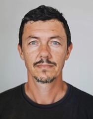 ID Photo for Passport : European adult man with straight short black hair and blue eyes, thin mustache, without glasses and wearing a black t-shirt