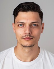 ID Photo for Passport : European adult man with straight short black hair and blue eyes, thin mustache, without glasses and wearing a white t-shirt