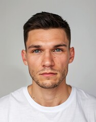 ID Photo for Passport : European adult man with straight short black hair and blue eyes, stubble, without glasses and wearing a white t-shirt