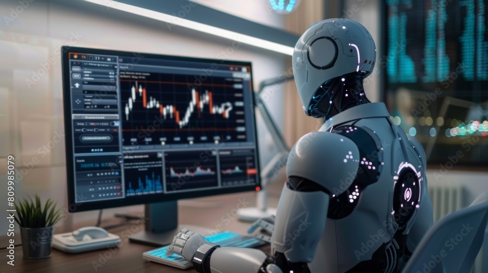 Aufkleber A robot is sitting in front of a computer monitor, appearing to be engaged in a task.