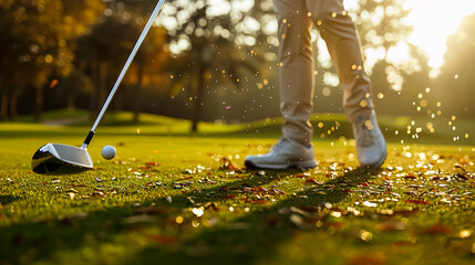 A person is hitting a golf ball on the ground. - Powered by Adobe