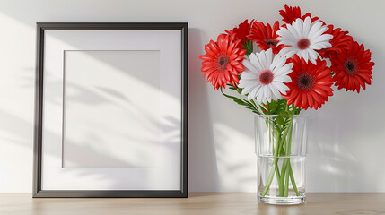 Inviting room setting with a blank picture frame and vibrant red and white flowers in a transparent glass vase, offering a welcoming space for relaxation.