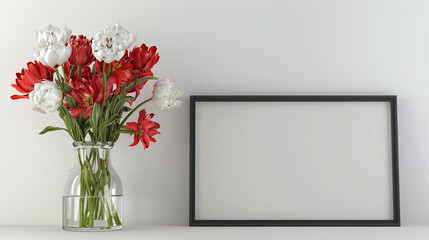 Inviting room ambiance with a blank picture frame complemented by red and white flowers in a glass vase, creating a welcoming atmosphere.