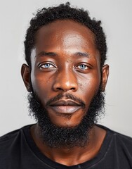 Obraz premium ID Photo for Passport : African young adult man with straight short black hair and blue eyes, long beard, without glasses and wearing a black t-shirt