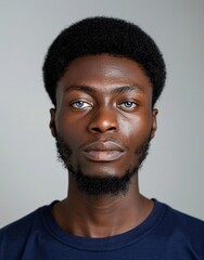 Obraz premium ID Photo for Passport : African young adult man with straight short black hair and blue eyes, medium beard, without glasses and wearing a navy t-shirt