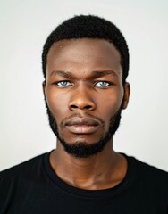 ID Photo for Passport : African young adult man with straight short black hair and blue eyes, short beard, without glasses and wearing a black t-shirt