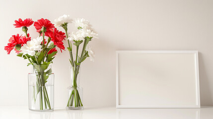 Minimalist setup with a blank picture mockup and red and white flowers in a glass pot, creating a clean and serene atmosphere.