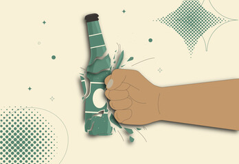 Beer bottle broken by a punch. clenched hand. Drink and beverage illustration. broken glass. thousand pieces - stock vector