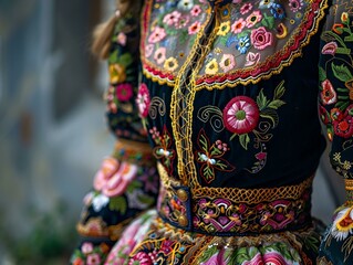 Showcasing vibrant cultural craftsmanship, a close-up reveals a traditional folk dress adorned with colorful floral embroidery and intricate lace details.